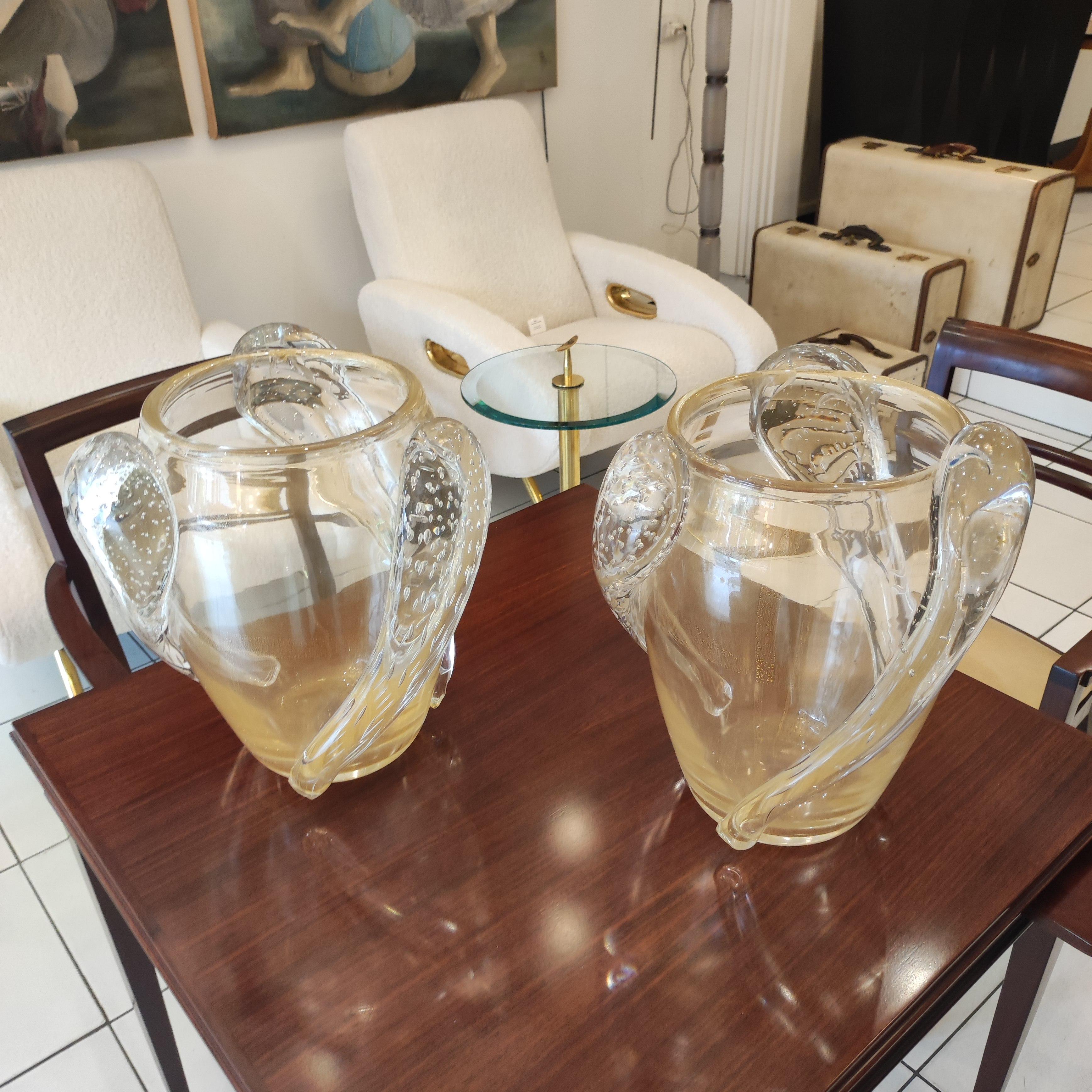 Pair of Blown Translucid Murano Glass Vase with Gold Glitters For Sale 3