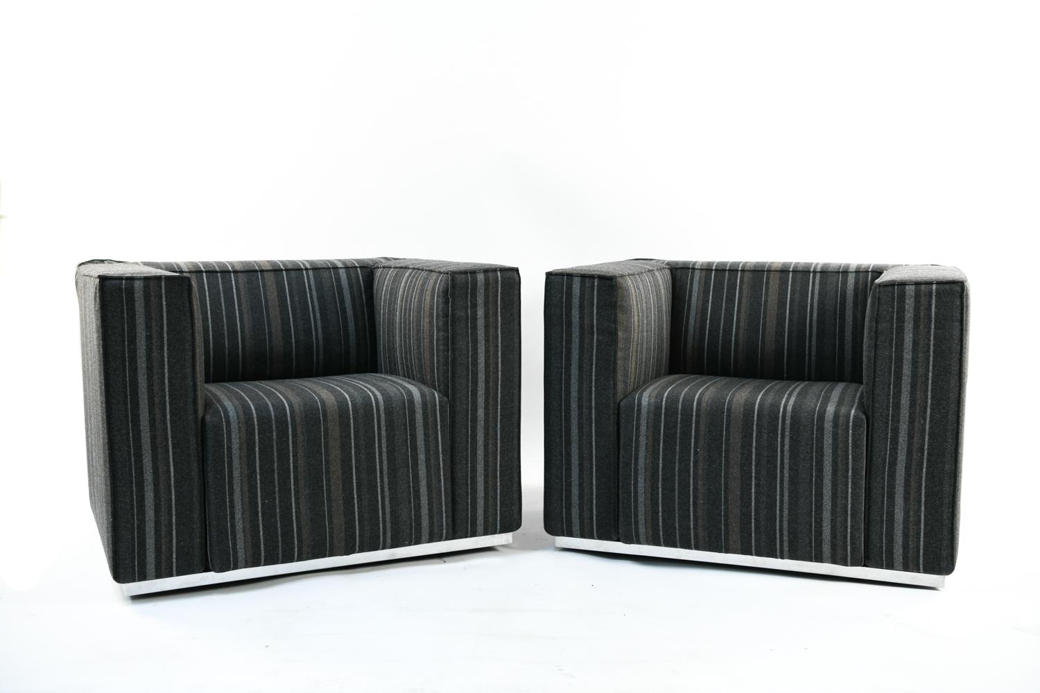 In striped fabric. A pair of Cassina ‘180 Blox’ lounge chairs by Jehs and Laub. The Blox chair was designed by Markus Jehs and Jargon Laub for Cassina.