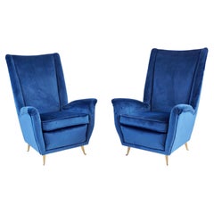 Pair of Blu Velvet Gio Ponti Bergere Wingback Armchairs by ISA, 1950