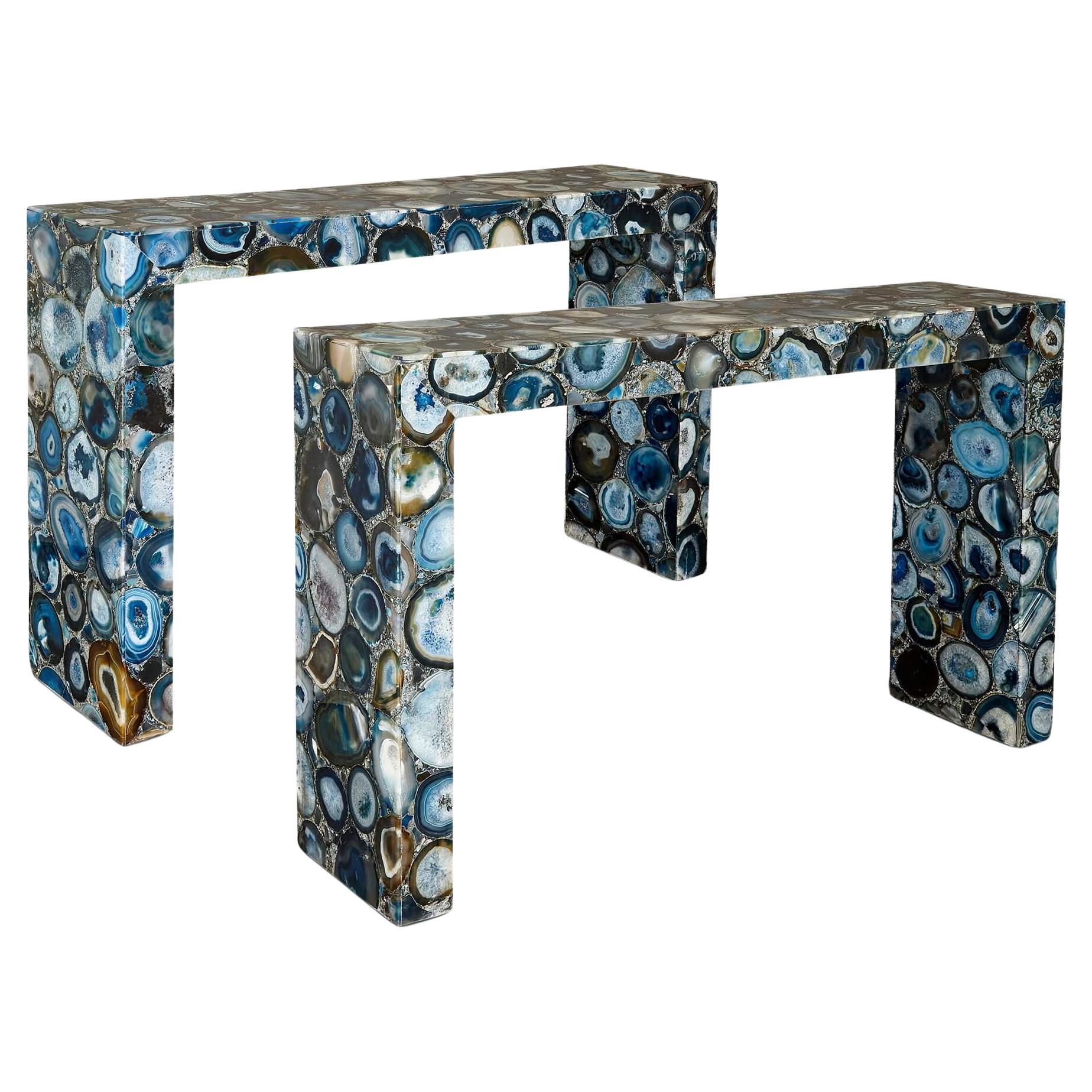 Pair of Blue Agate Console Tables  For Sale