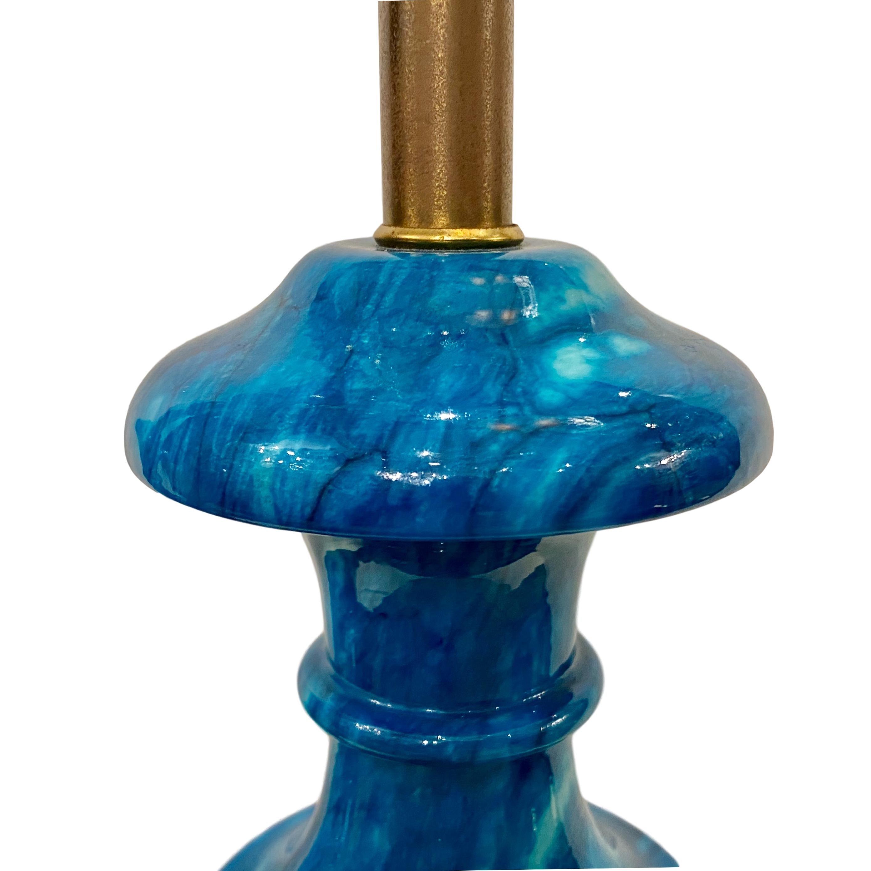 Italian Pair of Blue Alabaster Lamps For Sale