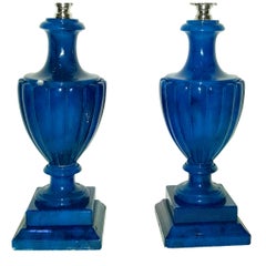 Vintage Pair of Blue Alabaster Table Lamps