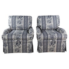 Pair of Blue and Beige Floral Print Upholstered Modern Library Club Arm Chairs