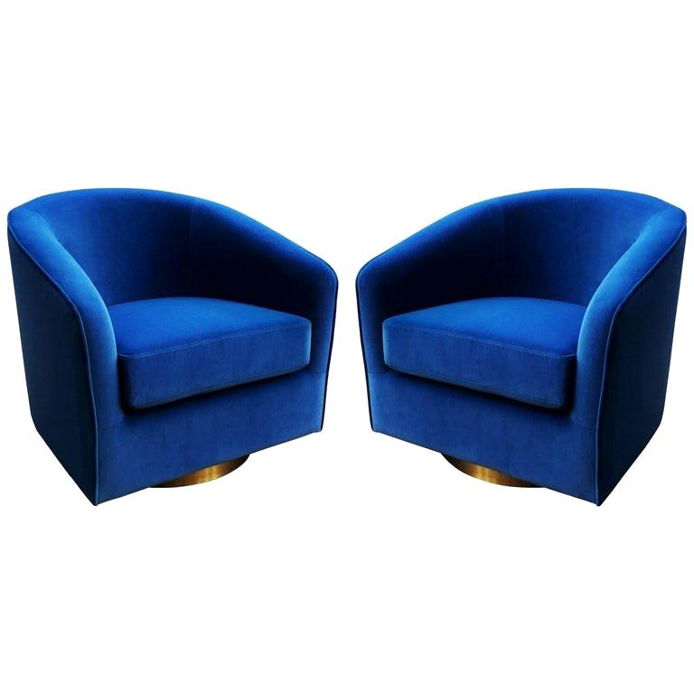 Pair of Blue and Brass Swivel Chairs in the Style of Milo Baughman