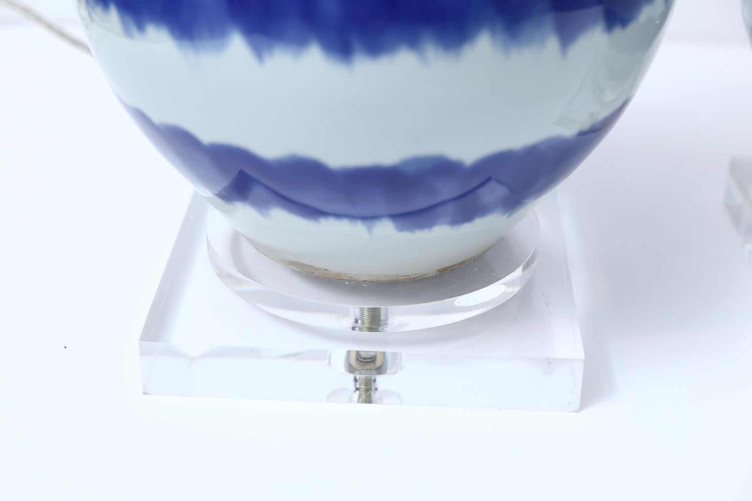 Pair of Blue and Celadon Striped Ceramic Table Lamps 4