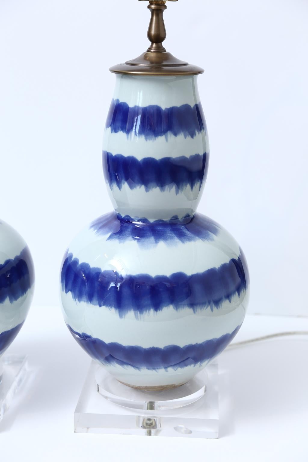 Pair of Blue and Celadon Striped Ceramic Table Lamps In Excellent Condition In Houston, TX
