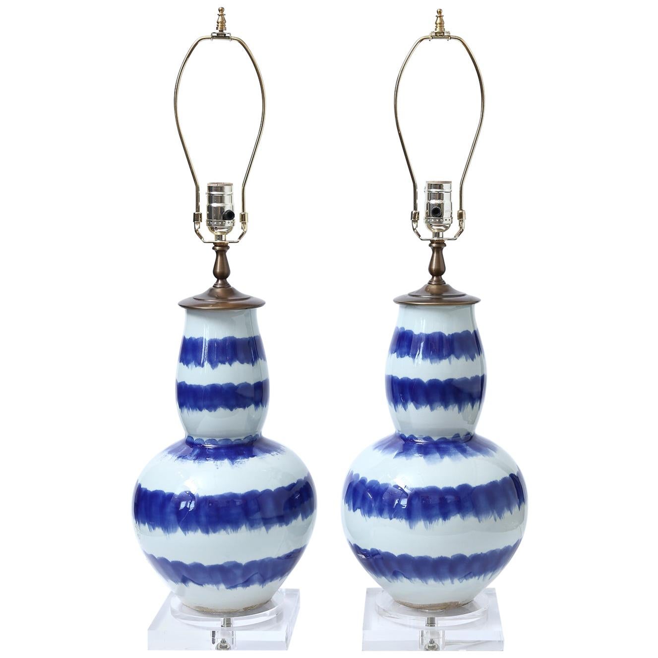Pair of Blue and Celadon Striped Ceramic Table Lamps
