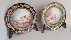 Pair of Blue and Gold Limoges Porcelain Plates Finely Hand Painted Cherubs