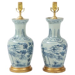 Pair of Blue and Gray Chinese Export Lamps