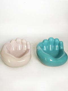 Pair of blue and green bear paw ceramic ashtrays, France, 1970