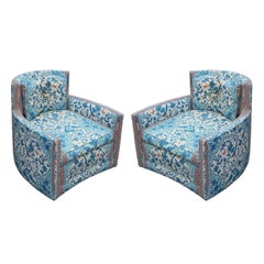 Pair of Blue and Orange Modern Floral Barrel Back Chair
