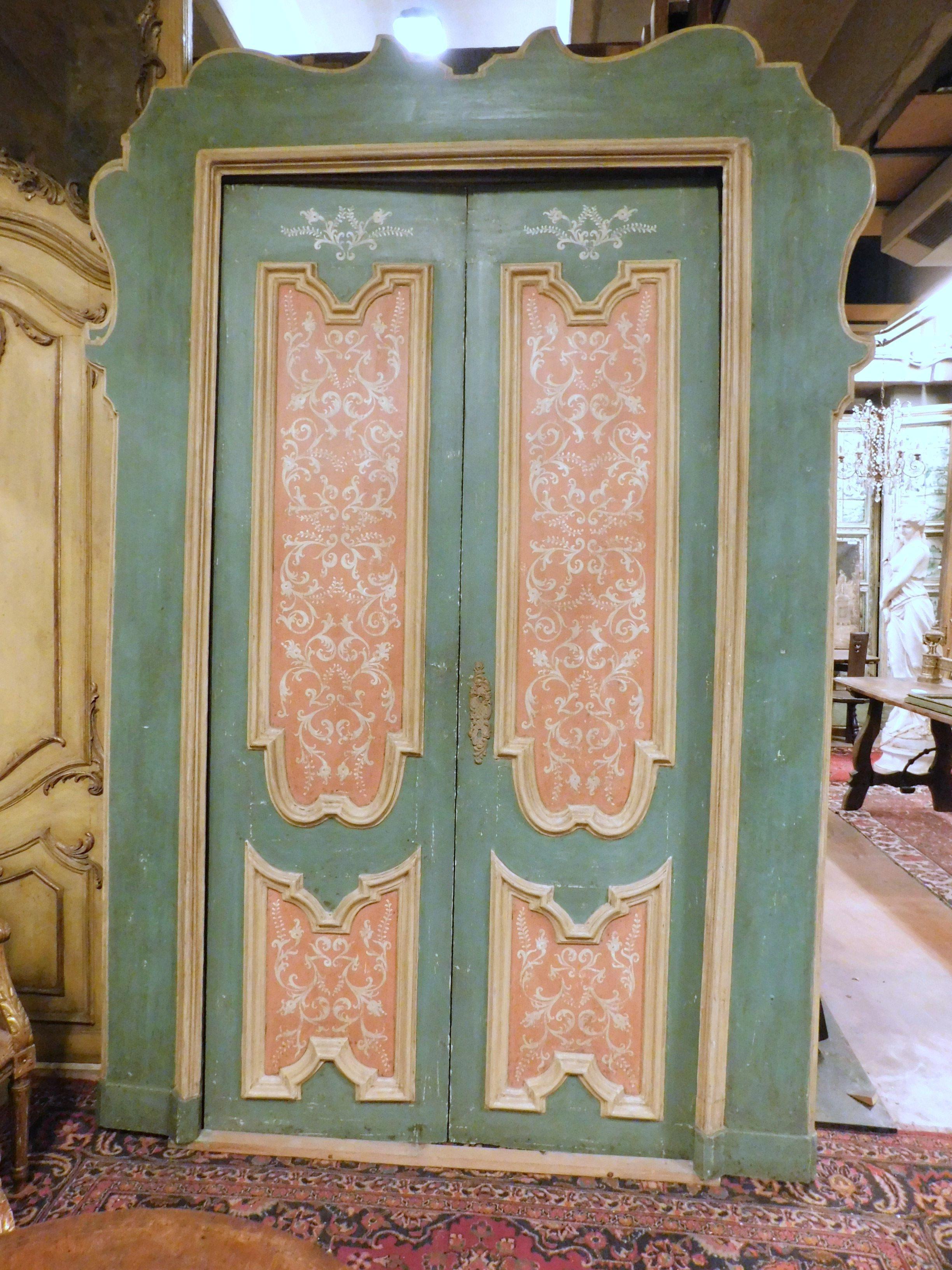 Italian Pair of Blue and Pink Lacquered Doors, Complete with Frame, 18th Century Italy For Sale