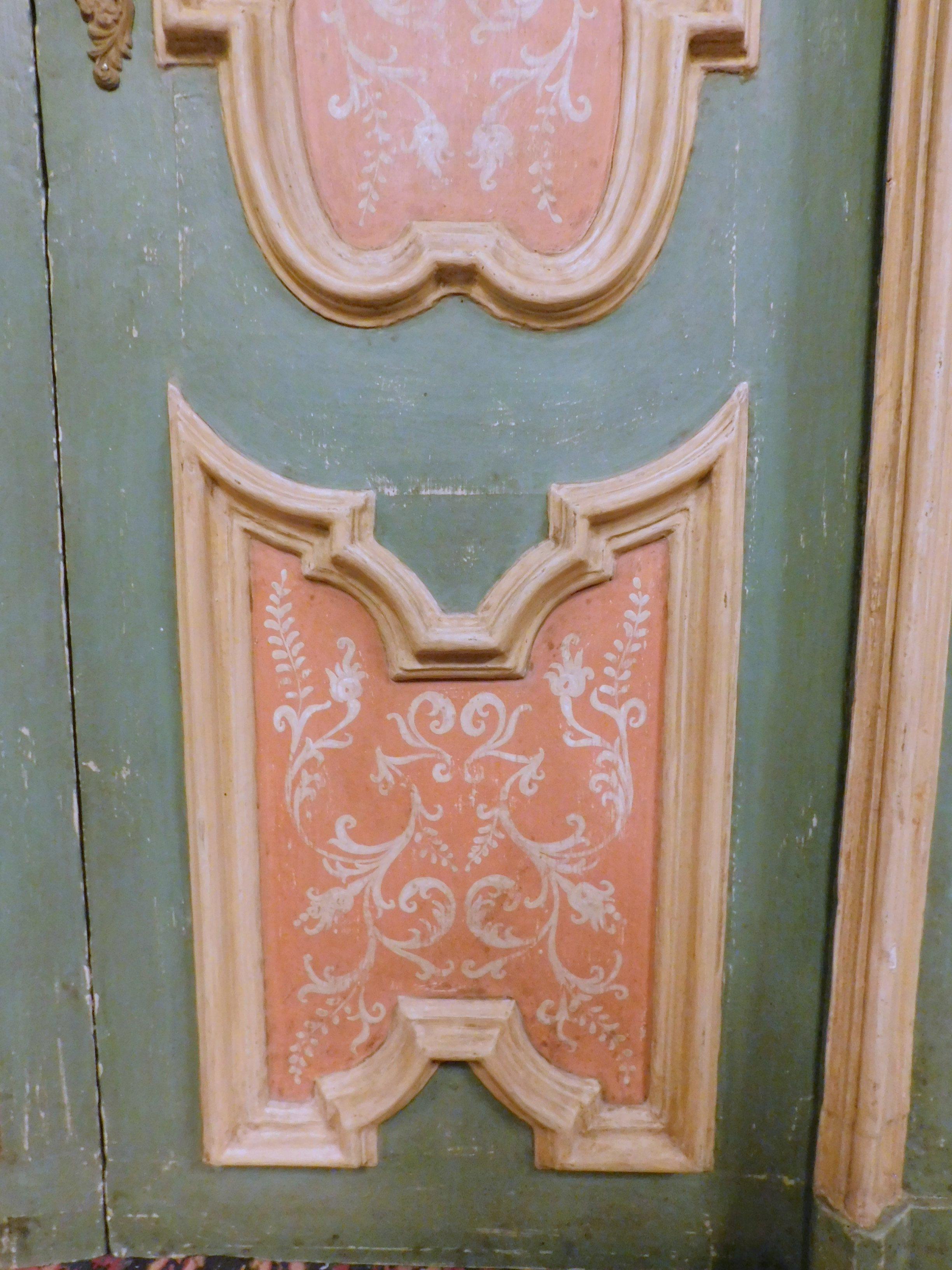 Hand-Carved Pair of Blue and Pink Lacquered Doors, Complete with Frame, 18th Century Italy For Sale