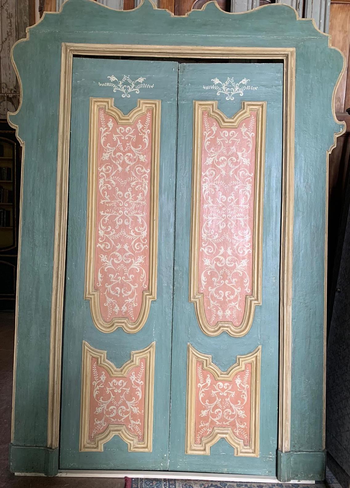 18th Century and Earlier Pair of Blue and Pink Lacquered Doors, Complete with Frame, 18th Century Italy For Sale