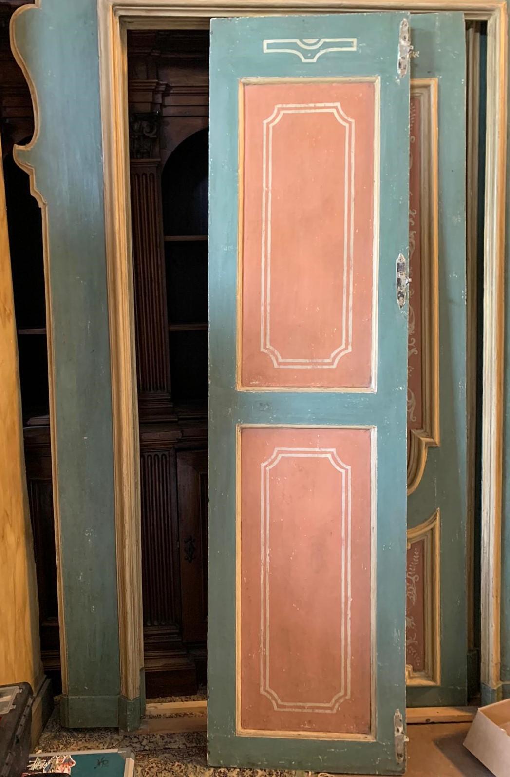 Wood Pair of Blue and Pink Lacquered Doors, Complete with Frame, 18th Century Italy For Sale