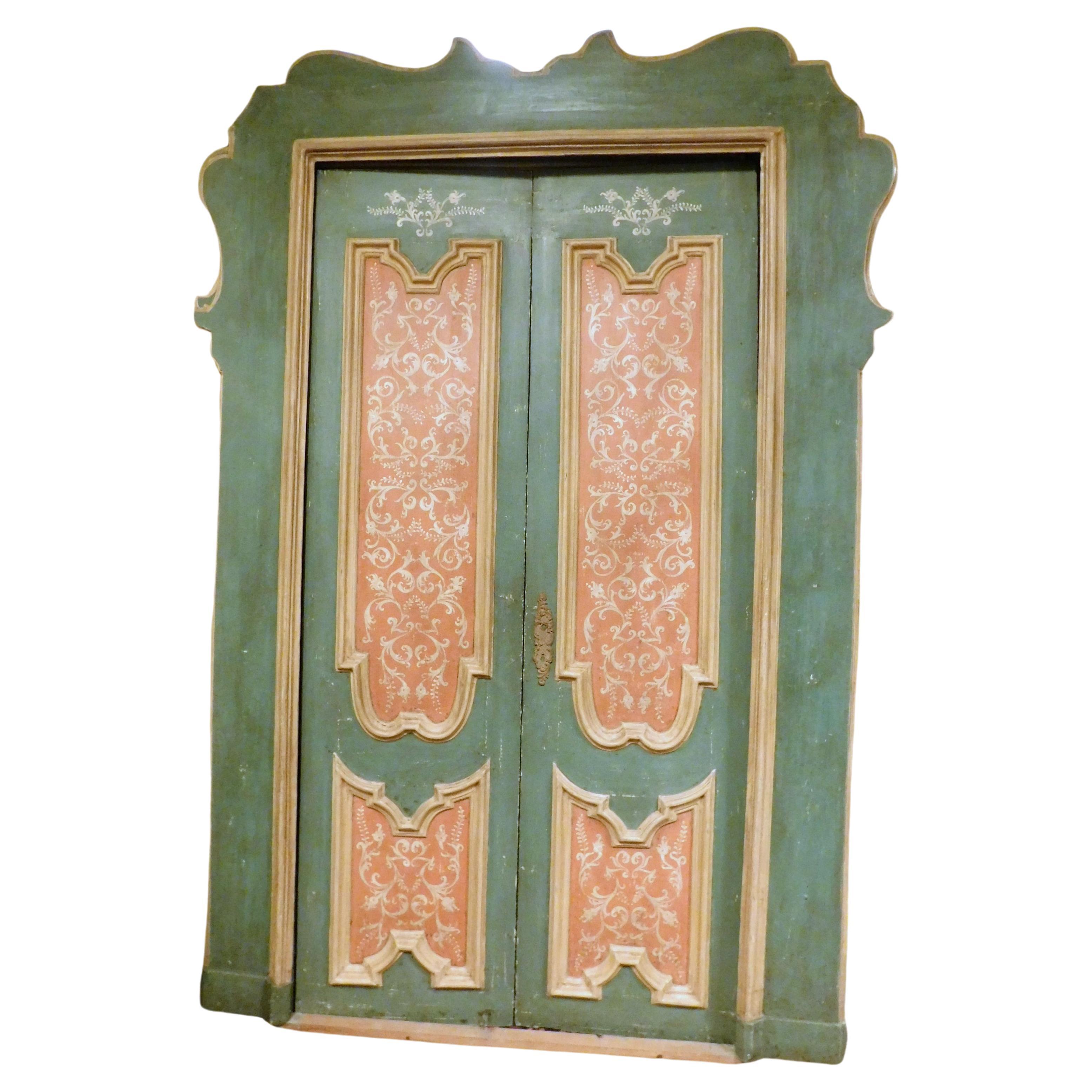 Pair of Blue and Pink Lacquered Doors, Complete with Frame, 18th Century Italy For Sale
