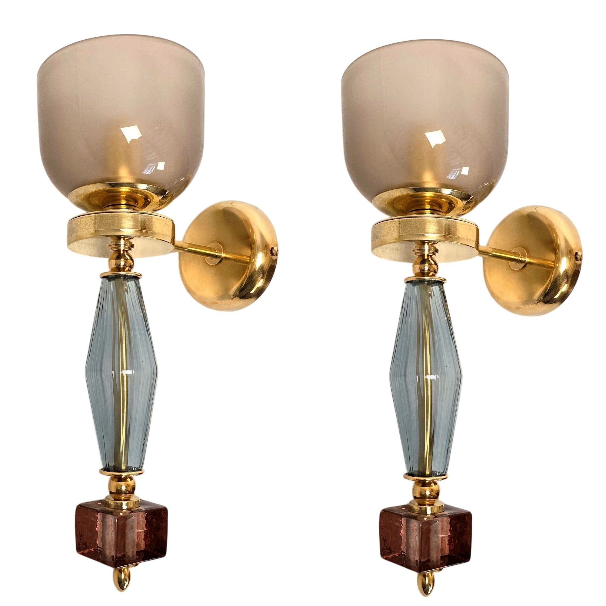 Pair of blue and purple, mid-century modern, Murano glass sconces