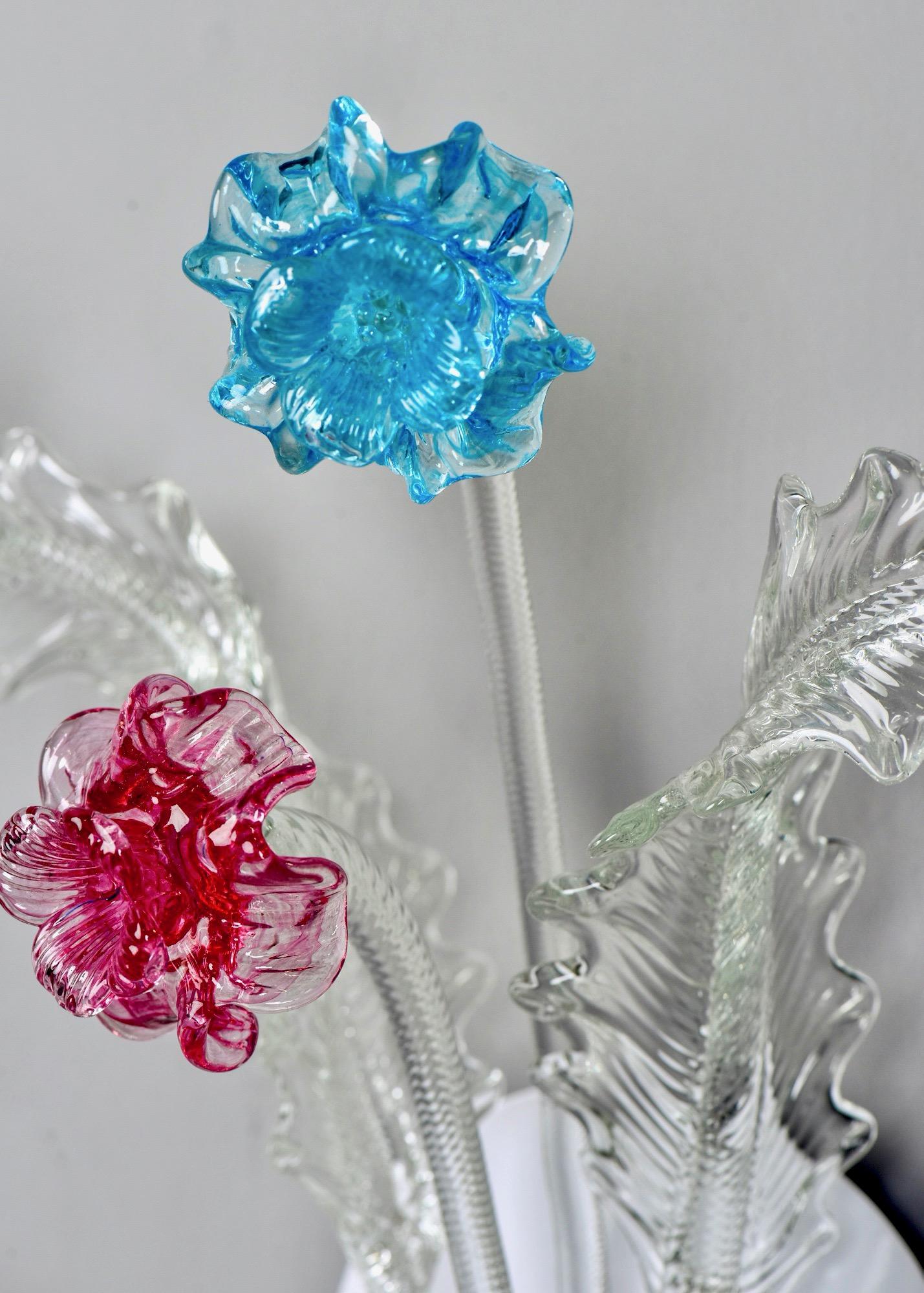 Pair of Blue and Rose Venetian Glass Two-Arm Sconces For Sale 4