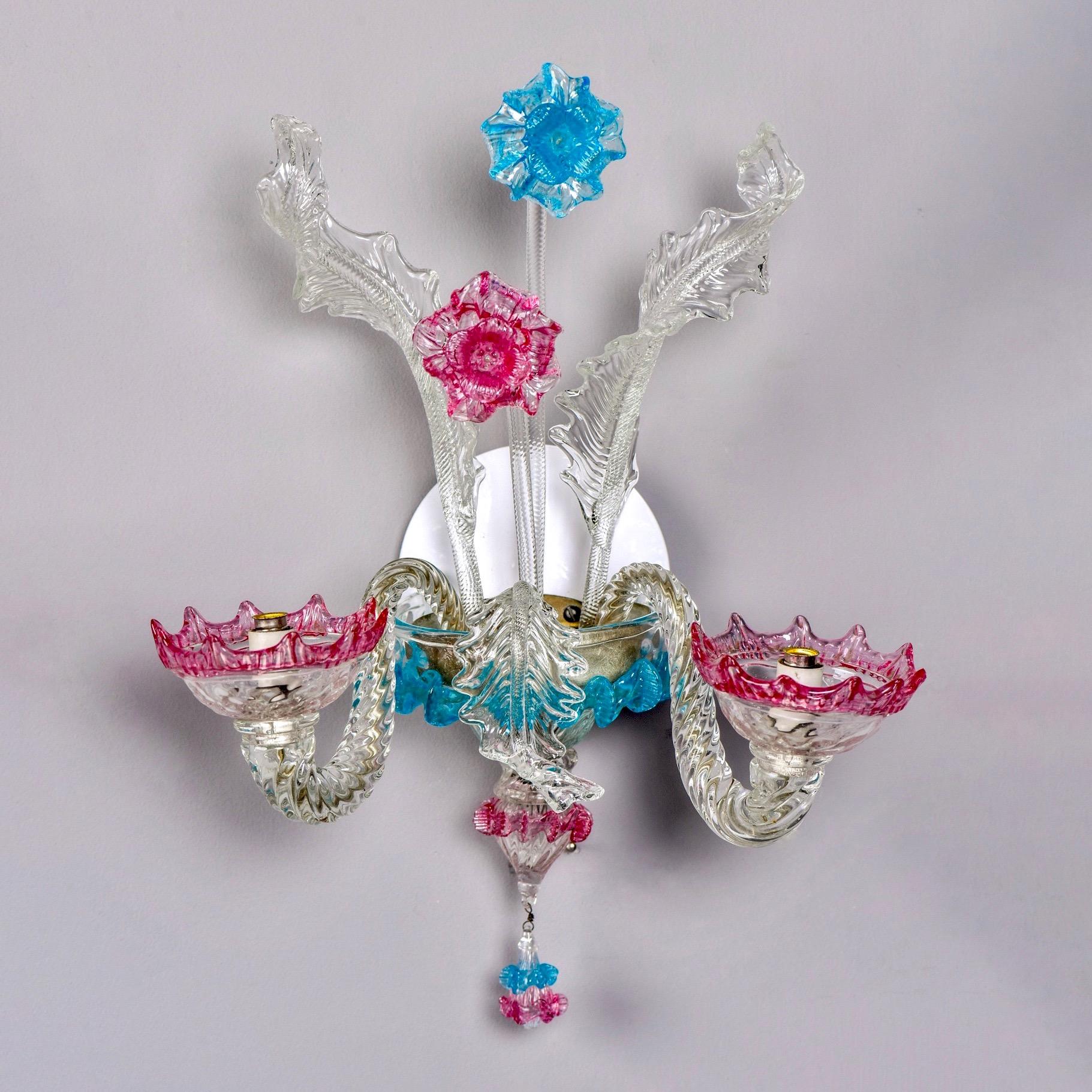 Italian Pair of Blue and Rose Venetian Glass Two-Arm Sconces For Sale