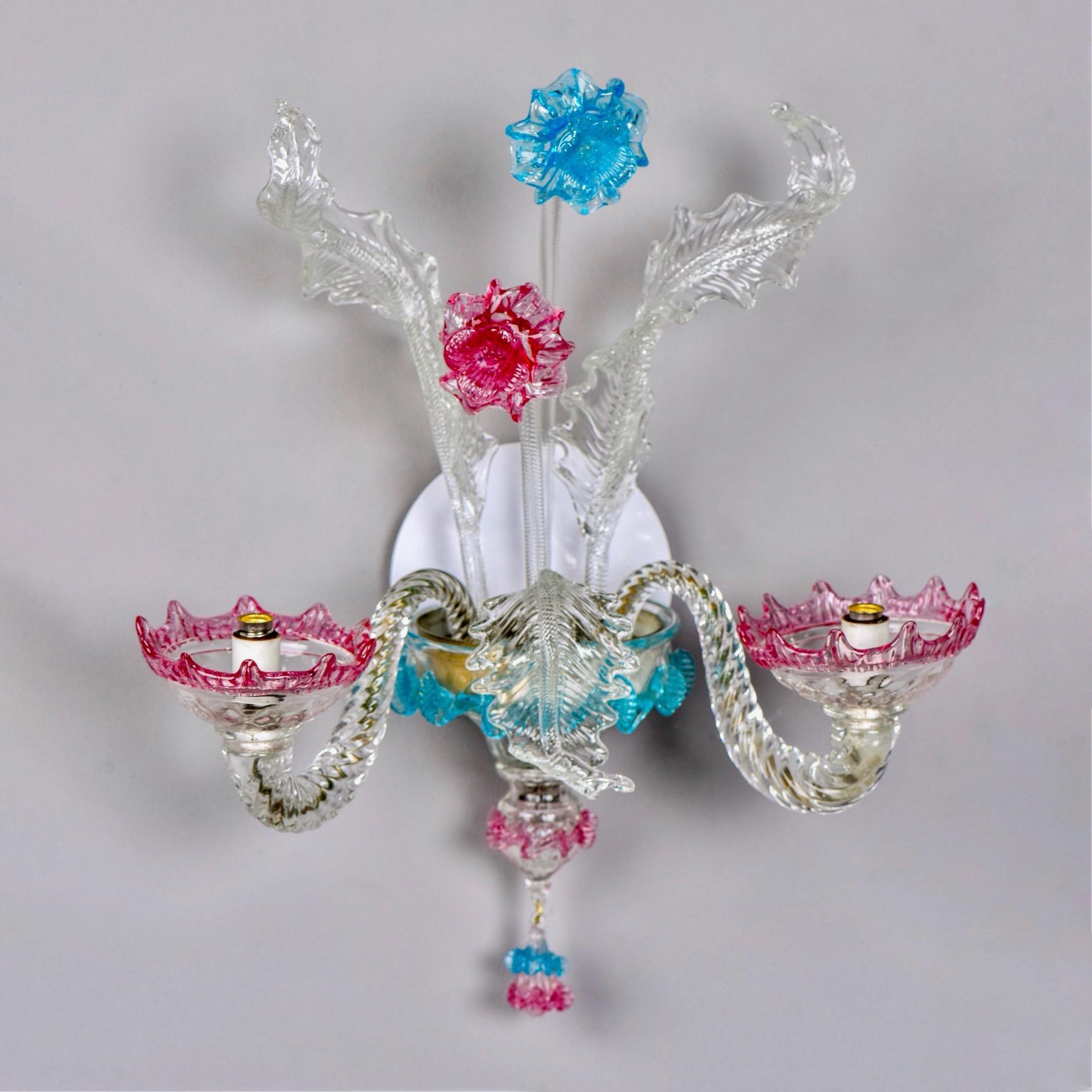 Pair of Blue and Rose Venetian Glass Two-Arm Sconces In Good Condition For Sale In Troy, MI