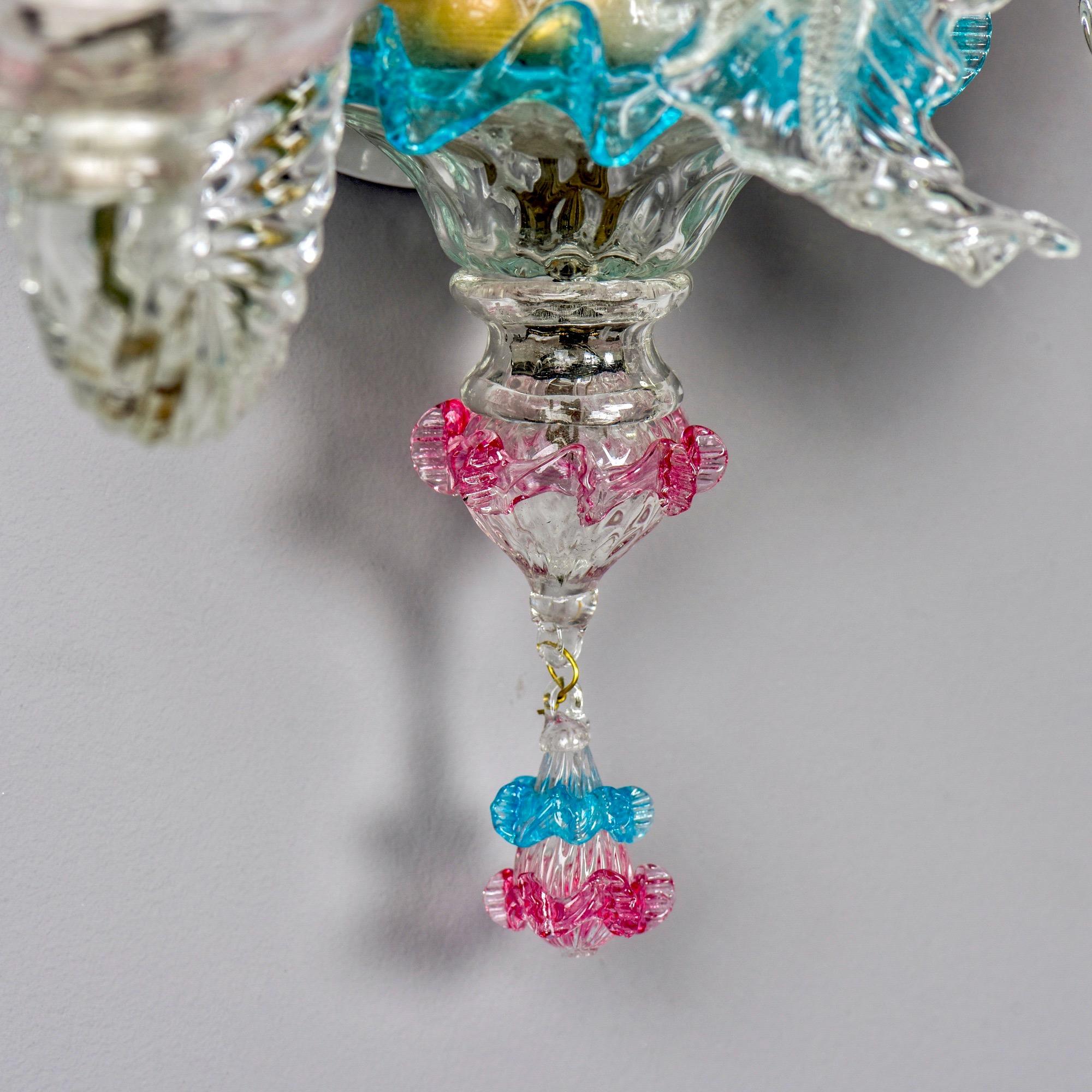 Pair of Blue and Rose Venetian Glass Two-Arm Sconces For Sale 1