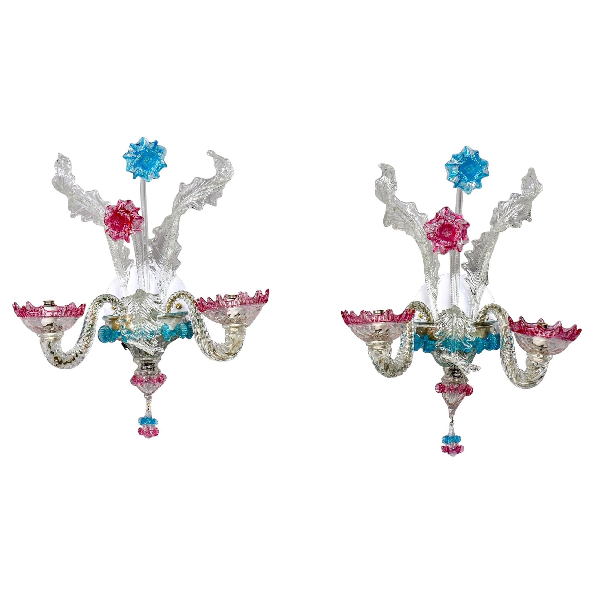 Pair of Blue and Rose Venetian Glass Two-Arm Sconces For Sale