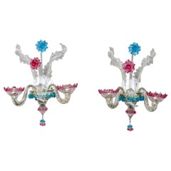 Pair of Blue and Rose Venetian Glass Two-Arm Sconces