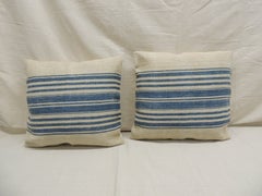 Pair of Blue and Stone French Grain Sack Decorative Square Pillows