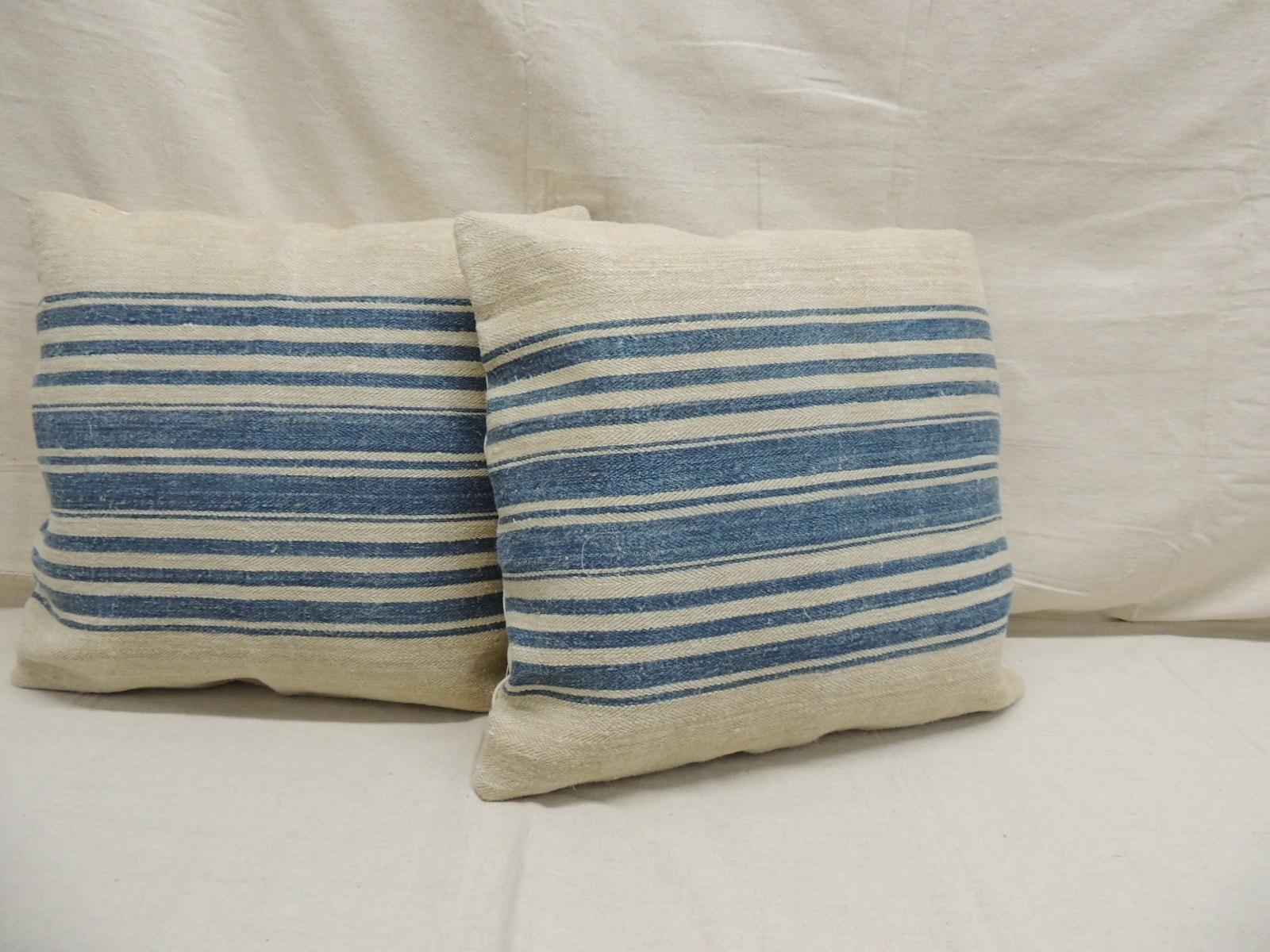 French Provincial Pair of Blue and Stone French Grain Sack Decorative Square Pillows