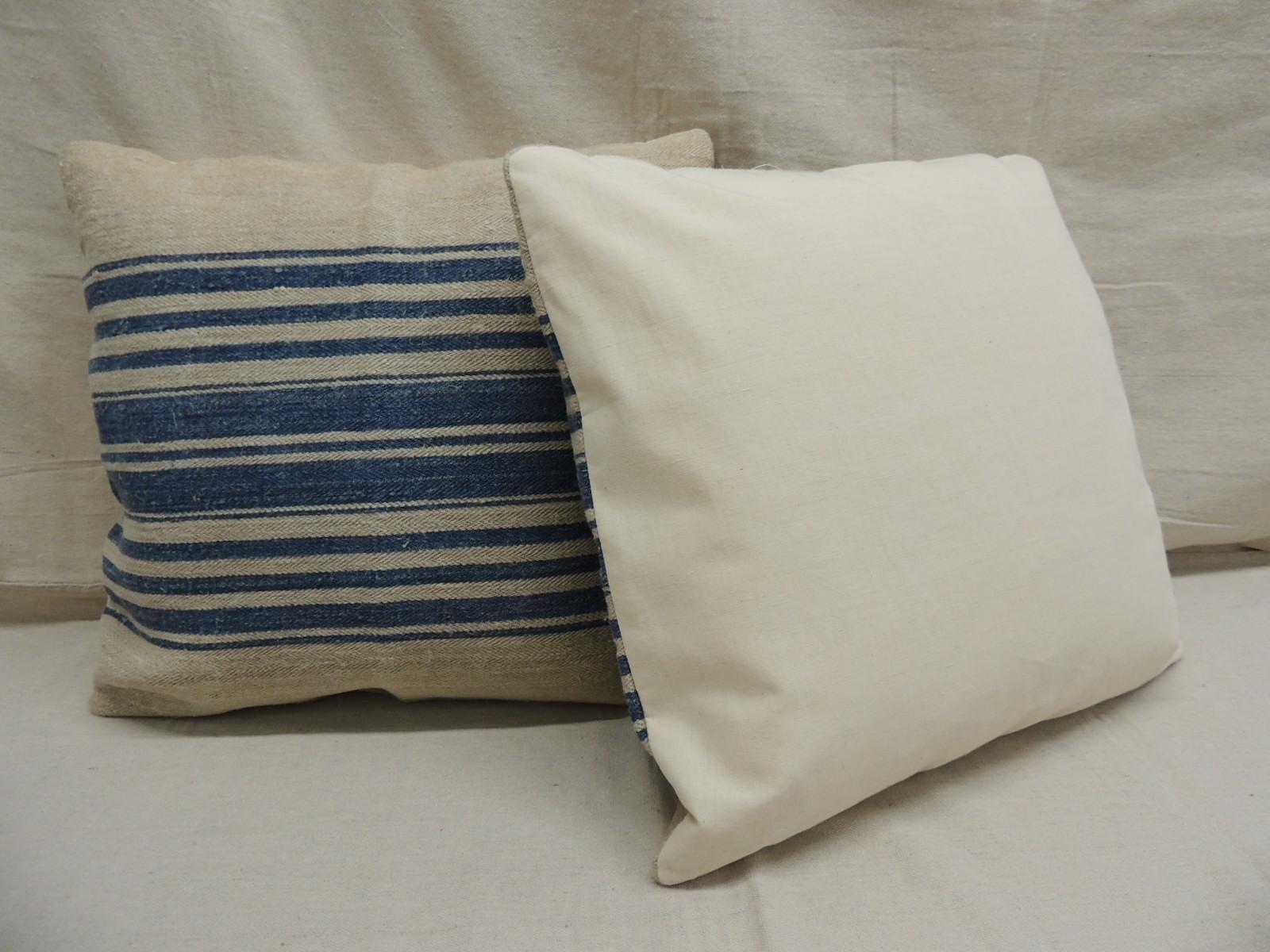 Pair of Blue and Stone French Grain Sack Decorative Square Pillows In Good Condition In Oakland Park, FL
