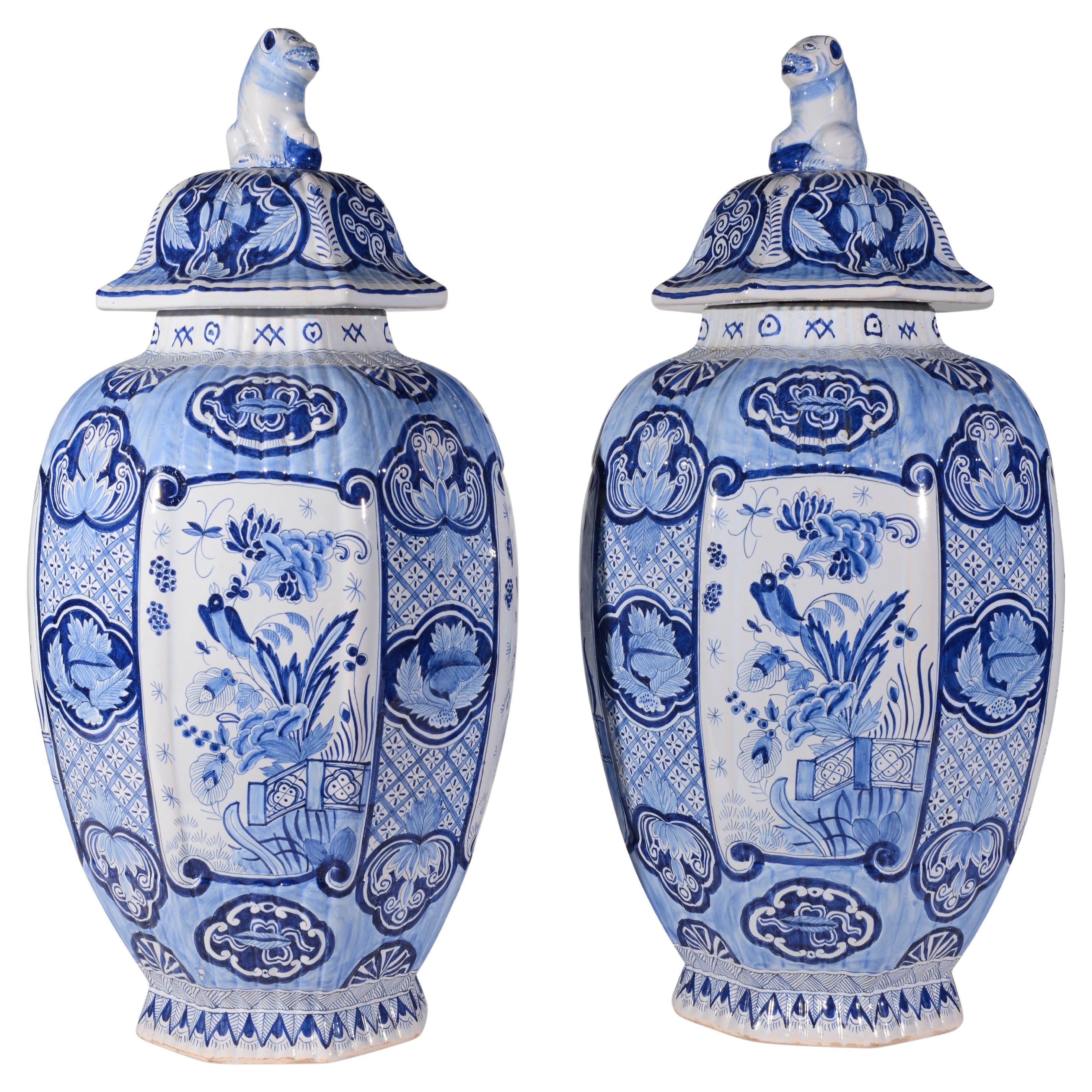Pair of Blue and White 19th Century Dutch Delft Vases with Covers