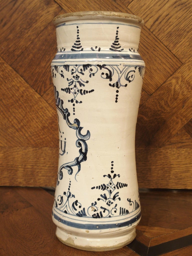 Pair of Blue and White Albarelli Pots from Spain, 18th Century at 1stDibs