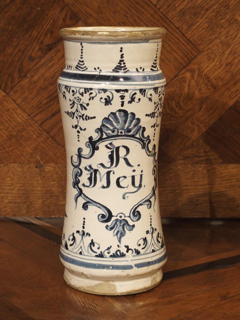 Pair of Blue and White Albarelli Pots from Spain, 18th Century at 1stDibs