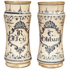 Pair of Blue and White Albarelli Pots from Spain, 18th Century