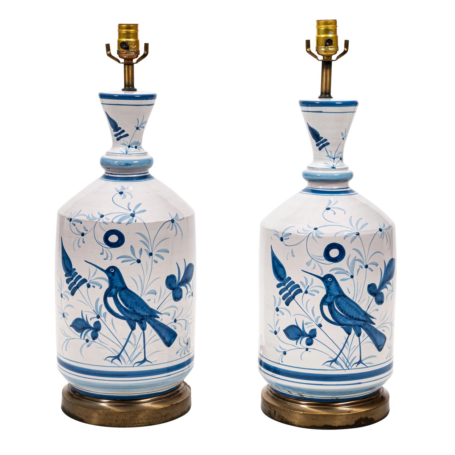 Pair of Blue and White Bird Table Lamps