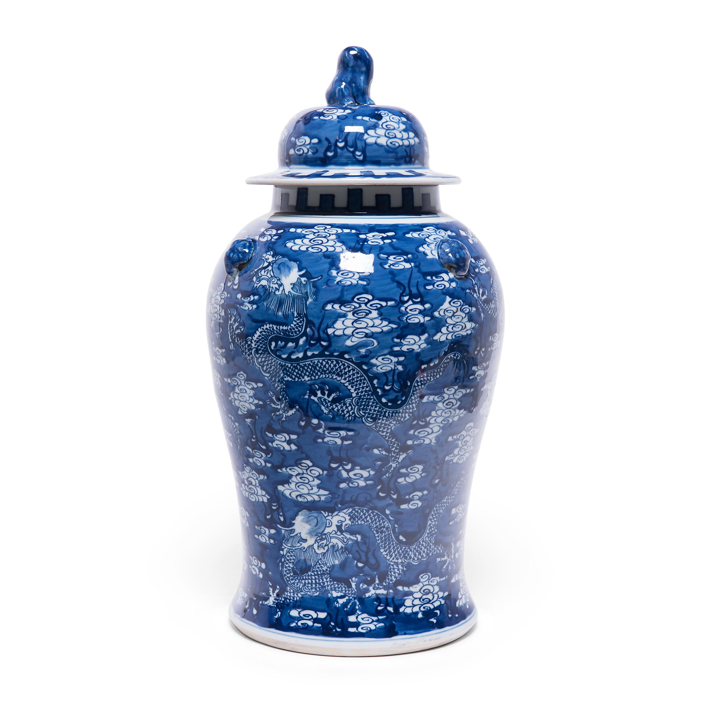 Glazed Pair of Blue and White Celestial Dragon Baluster Jars