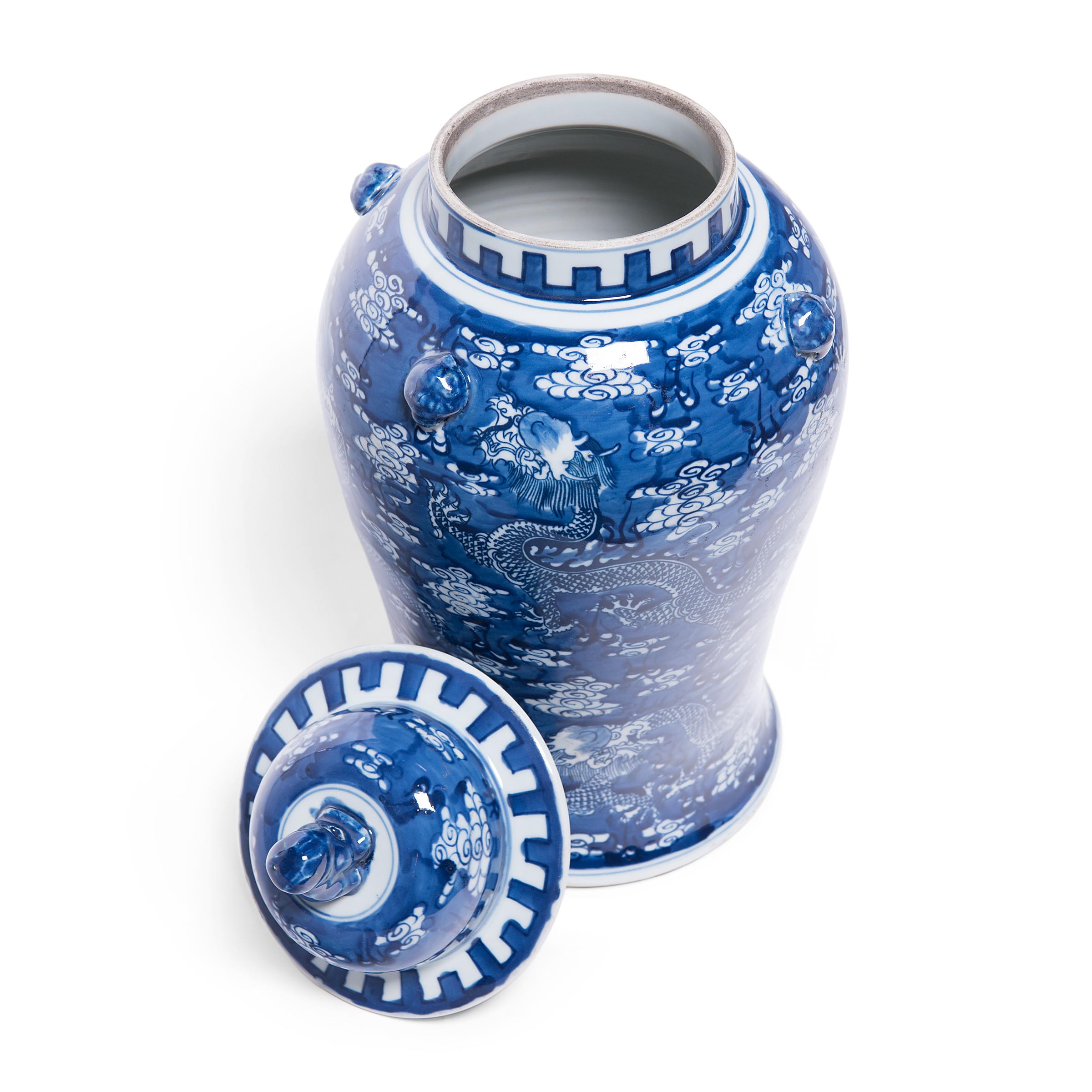 Contemporary Pair of Blue and White Celestial Dragon Baluster Jars