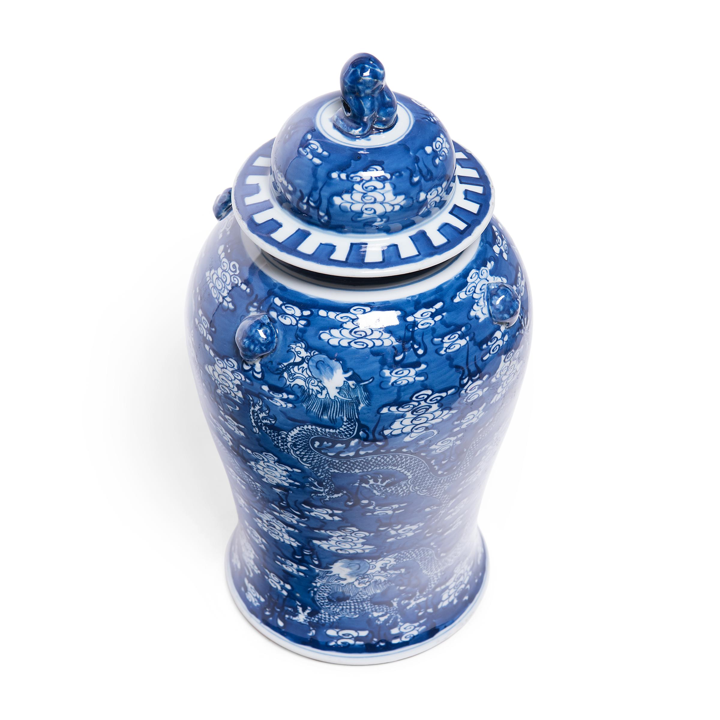 Porcelain Pair of Blue and White Celestial Dragon Baluster Jars
