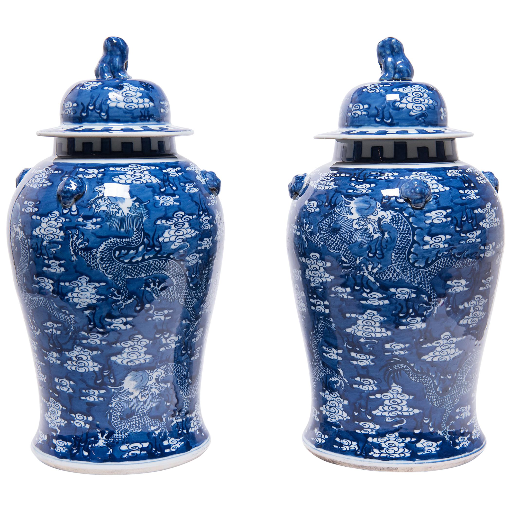 Pair of Blue and White Celestial Dragon Baluster Jars