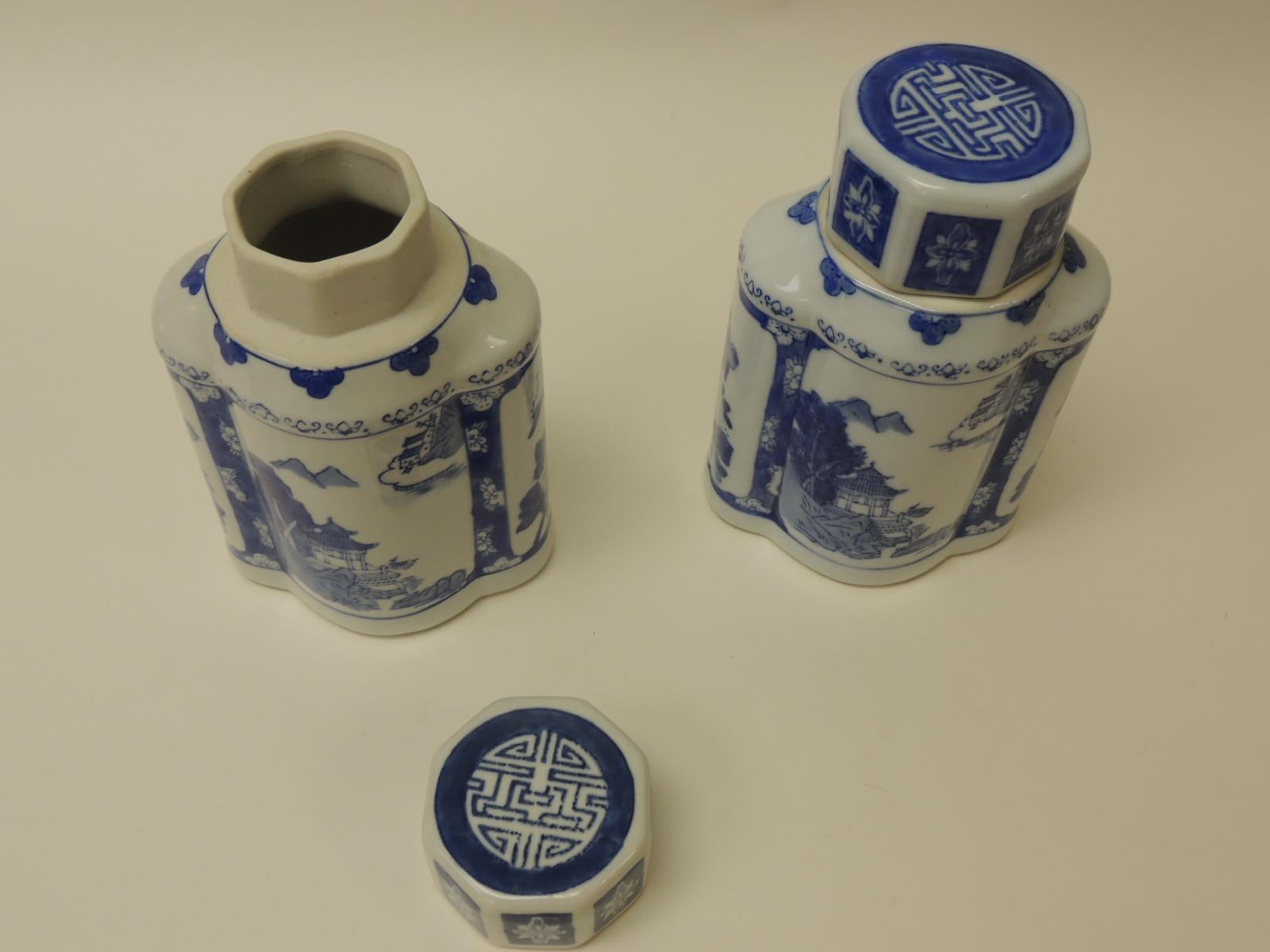 Paar blau-weiße asiatische Keramikkanister (Chinesischer Export)