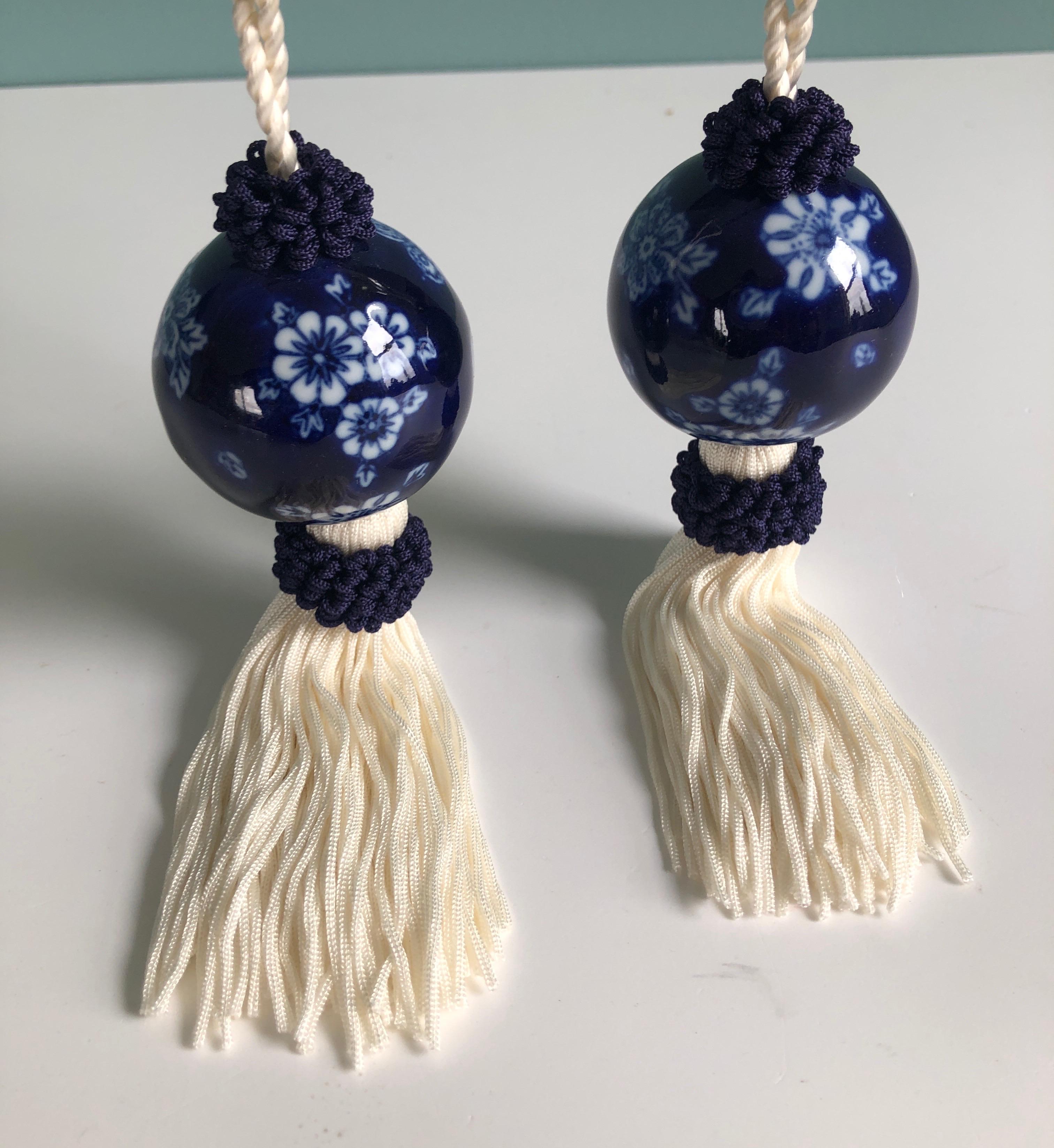 Bohemian Pair of Blue and White Ceramic Decorative Key Tassels