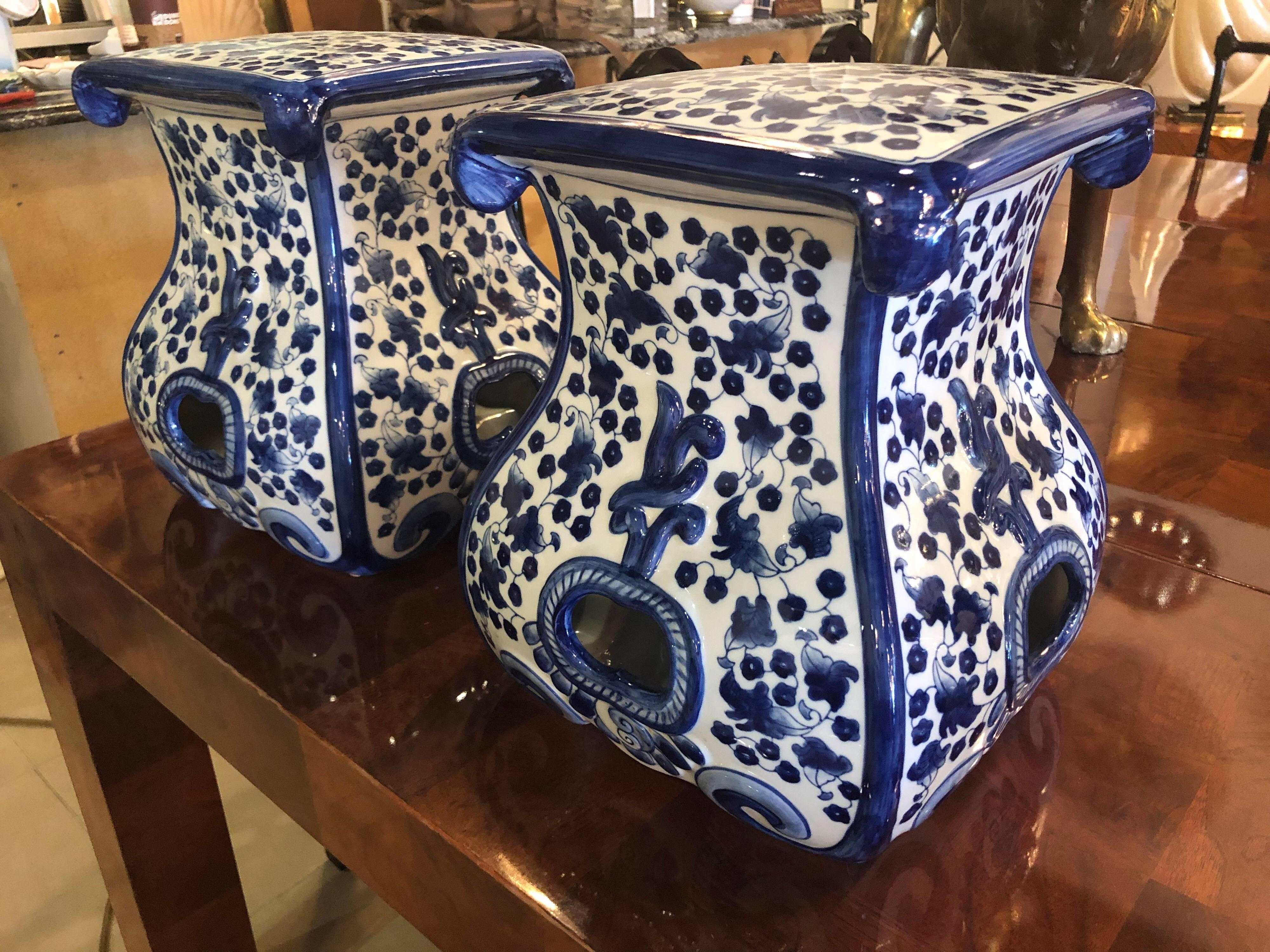 Pair of vintage blue and white garden stools. No chips or breaks.