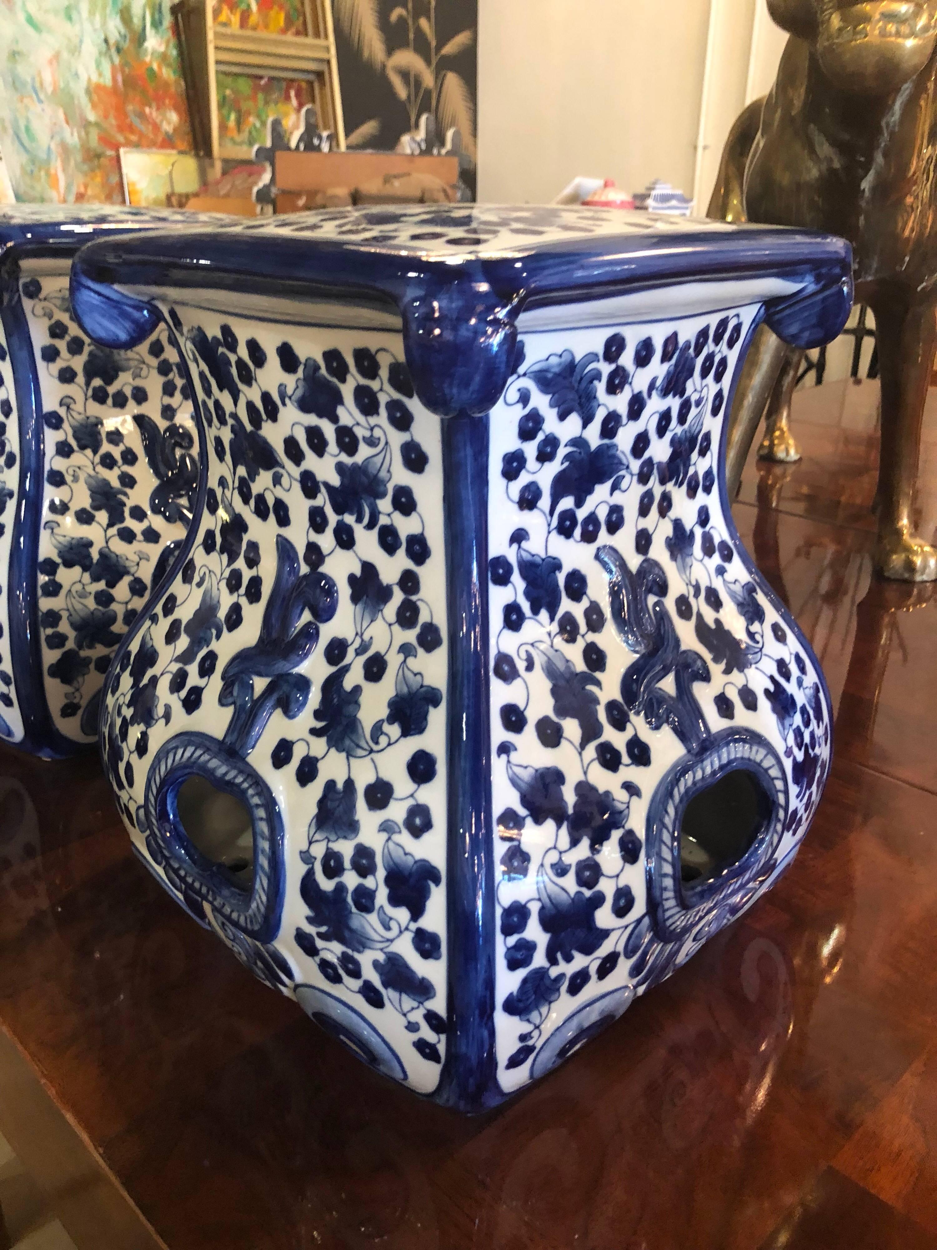 Hollywood Regency Pair of Blue and White Ceramic Garden Stools Benches Stands