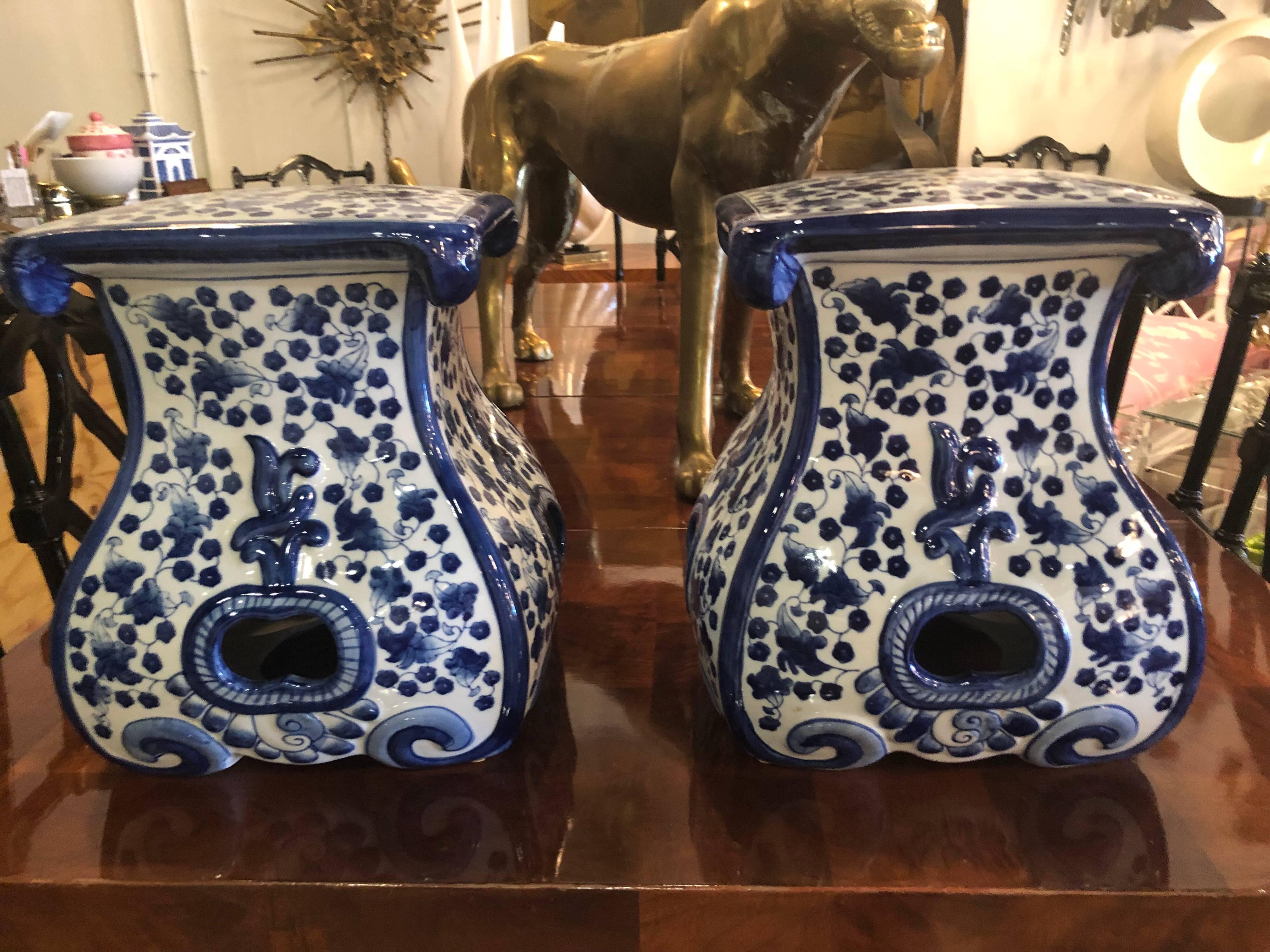 Pair of Blue and White Ceramic Garden Stools Benches Stands 2