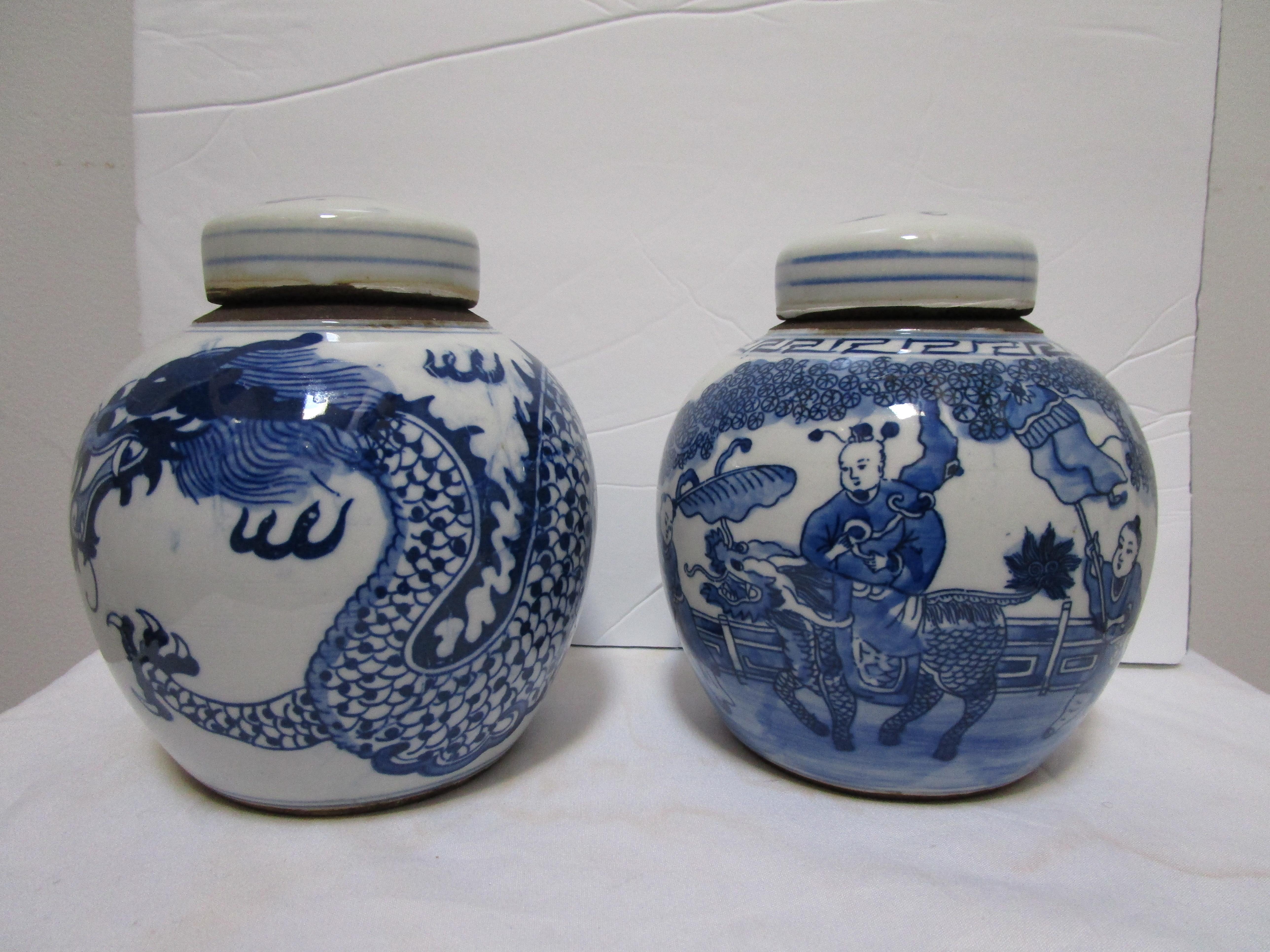 Chinese Export Pair of Blue and White Ceramic Jars with Dragon and Figural Ancestral Motif For Sale
