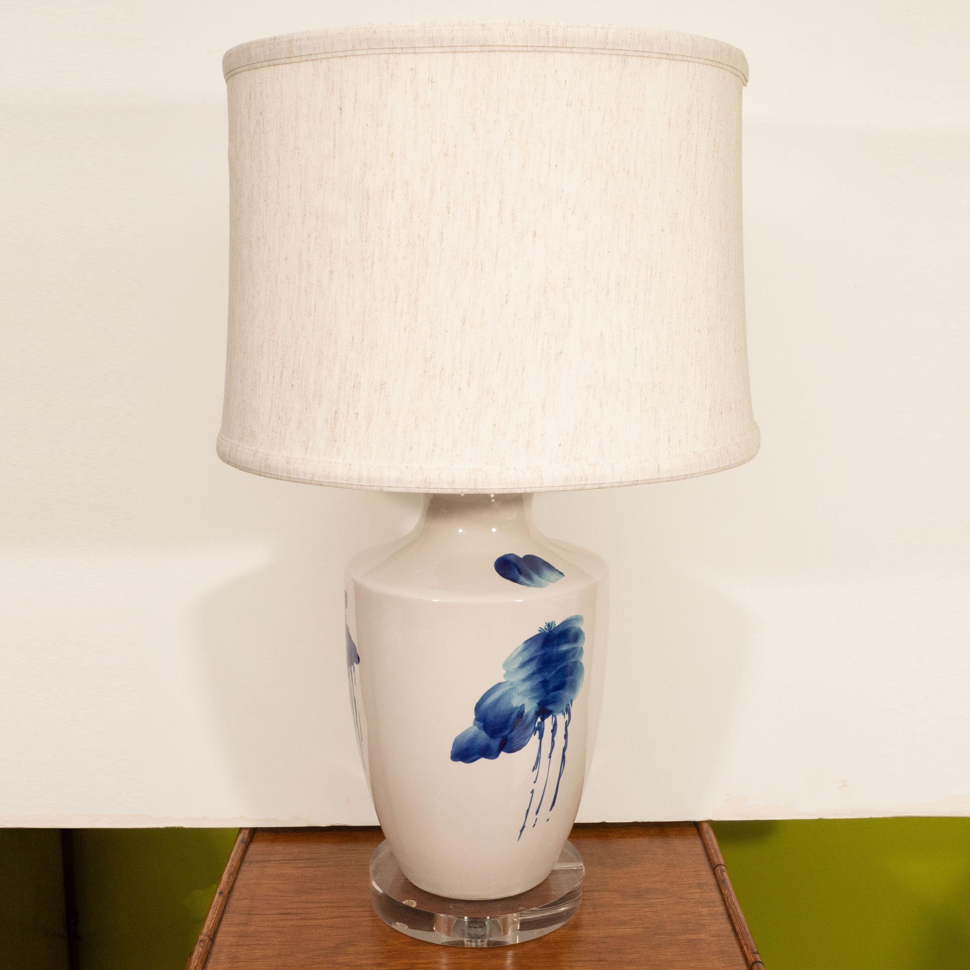 Pair of Blue and White Ceramic Lamps For Sale 1