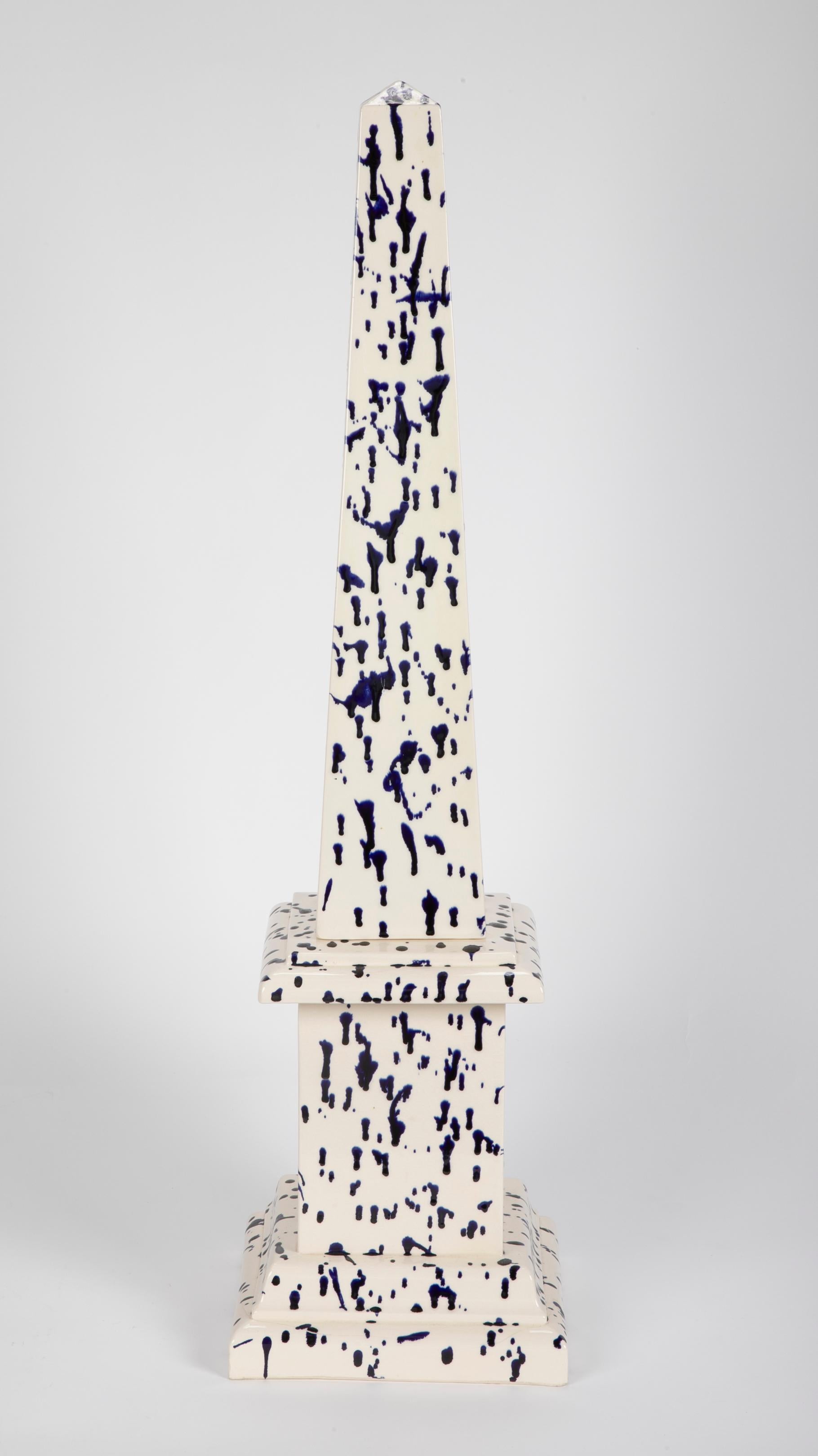 Glazed Pair of Blue and White Ceramic Obelisks