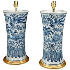 Pair of Blue and White Chinese 19th Century Antique Table Lamps