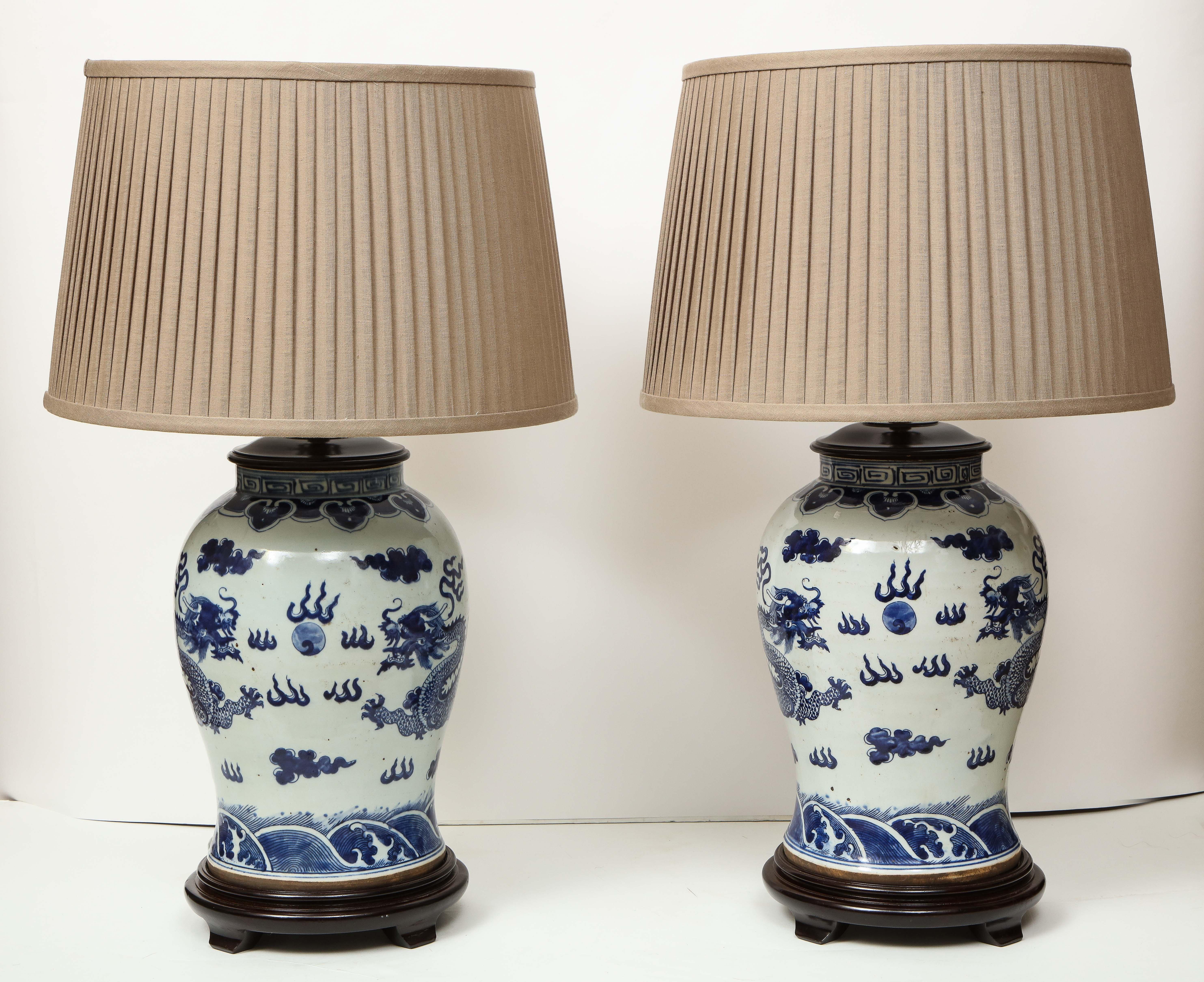 Porcelain Pair of Blue and White Chinese Export Lamps