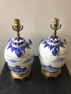Pair of Blue and White Chinese Lamps with Frogs